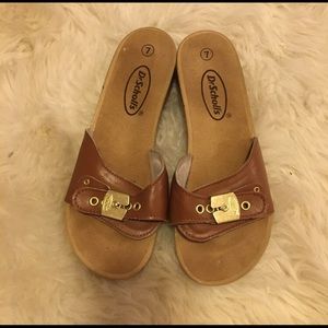 Vintage Dr Scholls Brown Leather Wooden Slide Mule